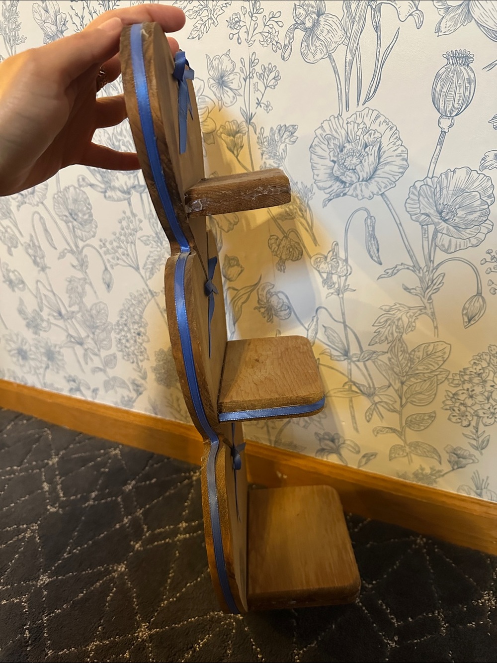 Wooden Heart Tiered Wall Shelf with Blue Ribbon Accents - Picture 11 of 12